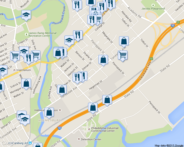 map of restaurants, bars, coffee shops, grocery stores, and more near 8510 Marsden Street in Philadelphia