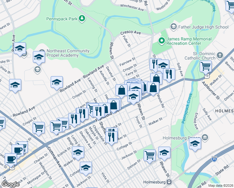map of restaurants, bars, coffee shops, grocery stores, and more near 3507 Ashville Street in Philadelphia