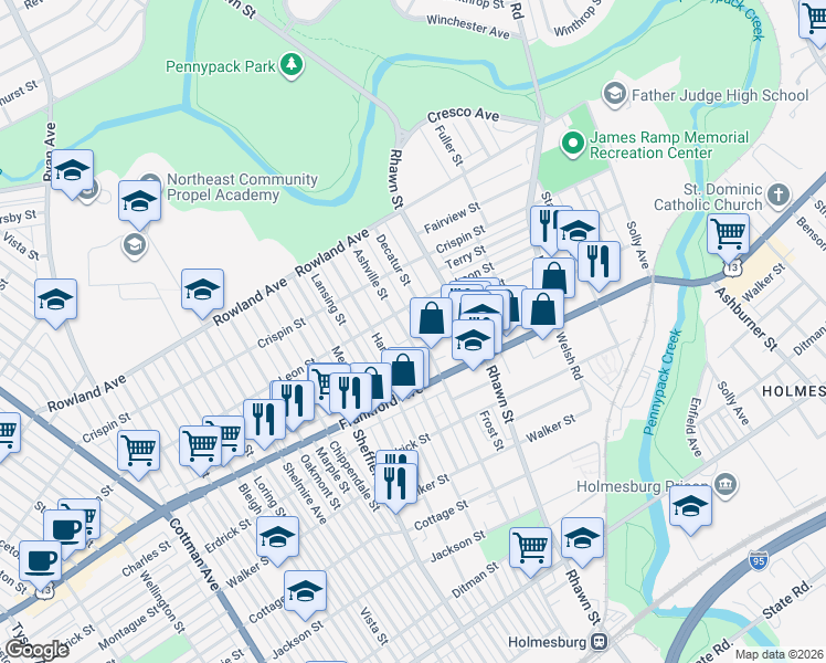 map of restaurants, bars, coffee shops, grocery stores, and more near 3507 Ashville Street in Philadelphia