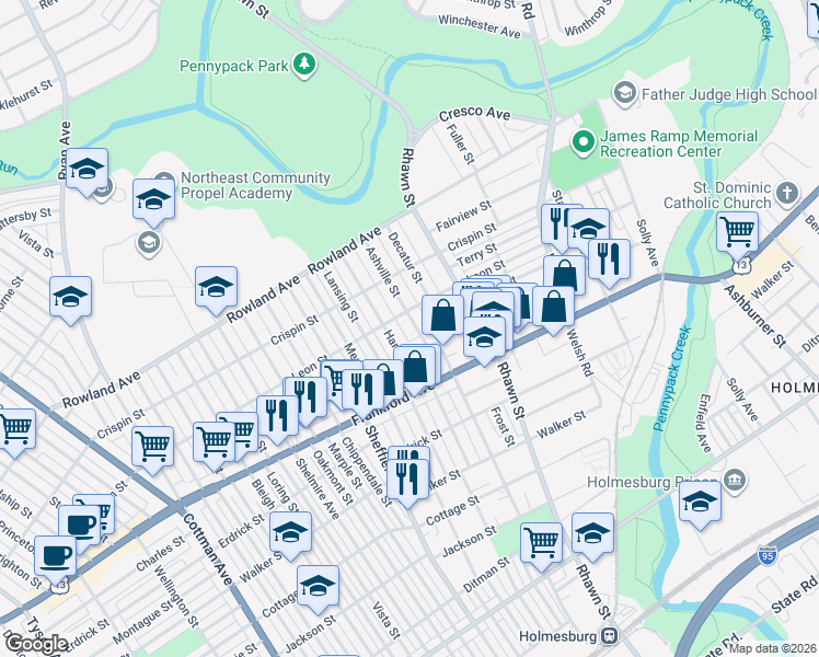 map of restaurants, bars, coffee shops, grocery stores, and more near 3507 Ashville Street in Philadelphia