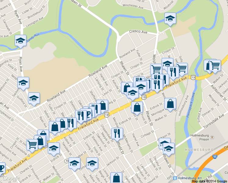 map of restaurants, bars, coffee shops, grocery stores, and more near 3507 Ashville Street in Philadelphia