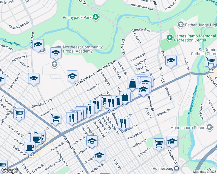 map of restaurants, bars, coffee shops, grocery stores, and more near 3405 Meridian Street in Philadelphia