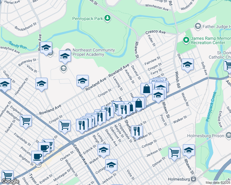 map of restaurants, bars, coffee shops, grocery stores, and more near 3405 Meridian Street in Philadelphia