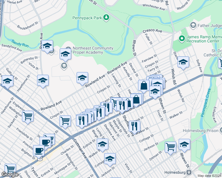 map of restaurants, bars, coffee shops, grocery stores, and more near 3405 Meridian Street in Philadelphia