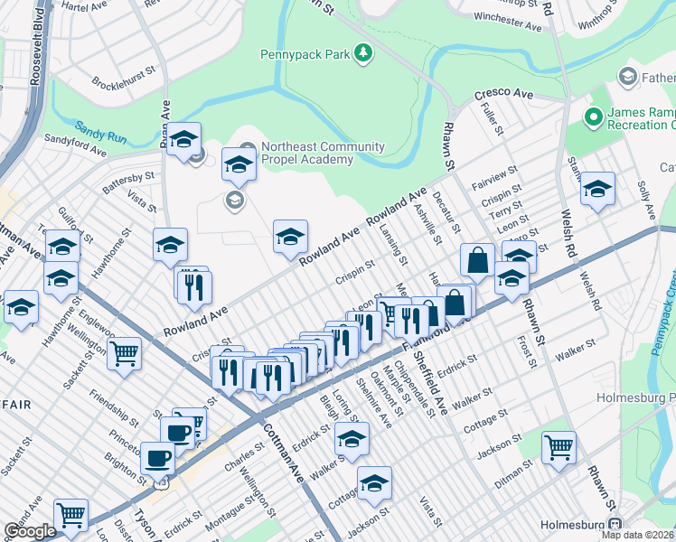 map of restaurants, bars, coffee shops, grocery stores, and more near 3310 Chippendale Street in Philadelphia