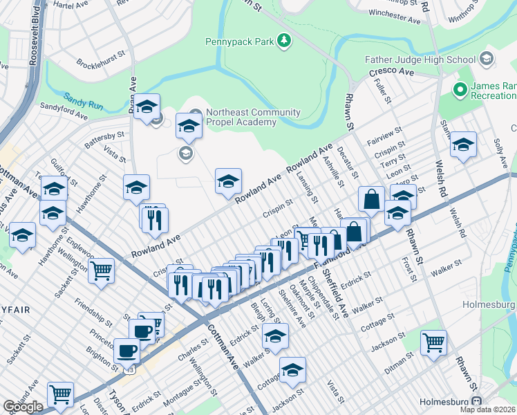 map of restaurants, bars, coffee shops, grocery stores, and more near 3310 Chippendale Street in Philadelphia