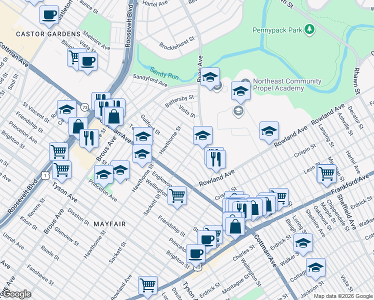map of restaurants, bars, coffee shops, grocery stores, and more near 3124 Windish Street in Philadelphia
