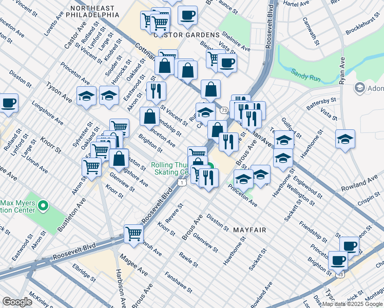 map of restaurants, bars, coffee shops, grocery stores, and more near 2269 Princeton Avenue in Philadelphia
