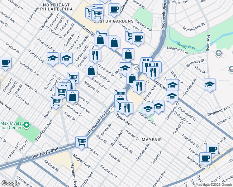 map of restaurants, bars, coffee shops, grocery stores, and more near 2239 Princeton Avenue in Philadelphia