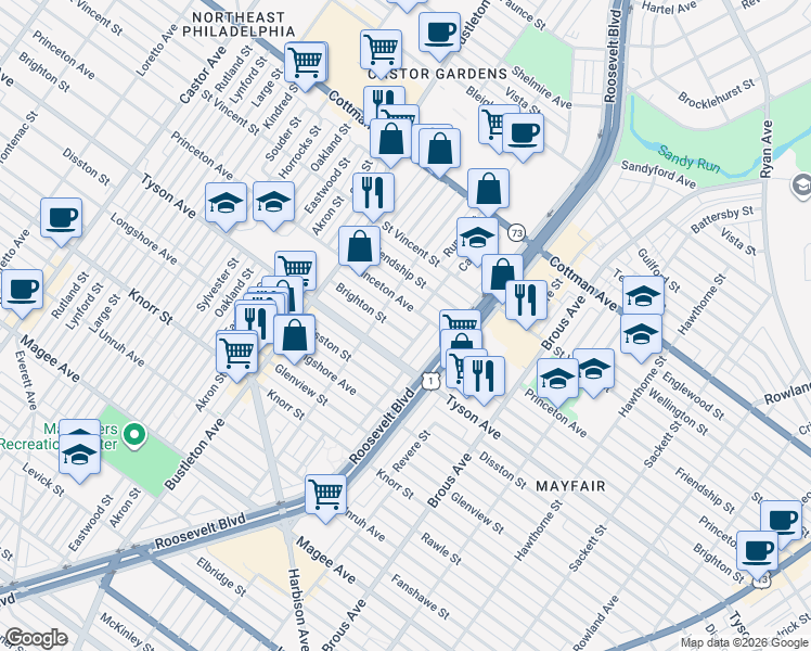 map of restaurants, bars, coffee shops, grocery stores, and more near 2209 Brighton Street in Philadelphia