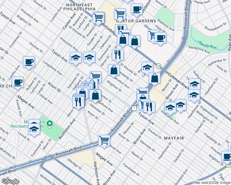 map of restaurants, bars, coffee shops, grocery stores, and more near 2144 Brighton Street in Philadelphia