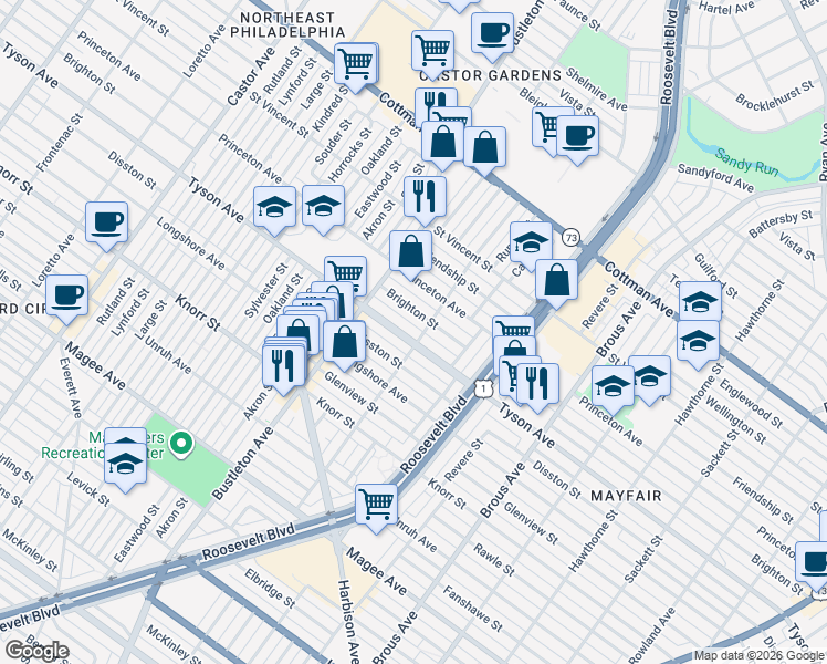 map of restaurants, bars, coffee shops, grocery stores, and more near 2144 Brighton Street in Philadelphia
