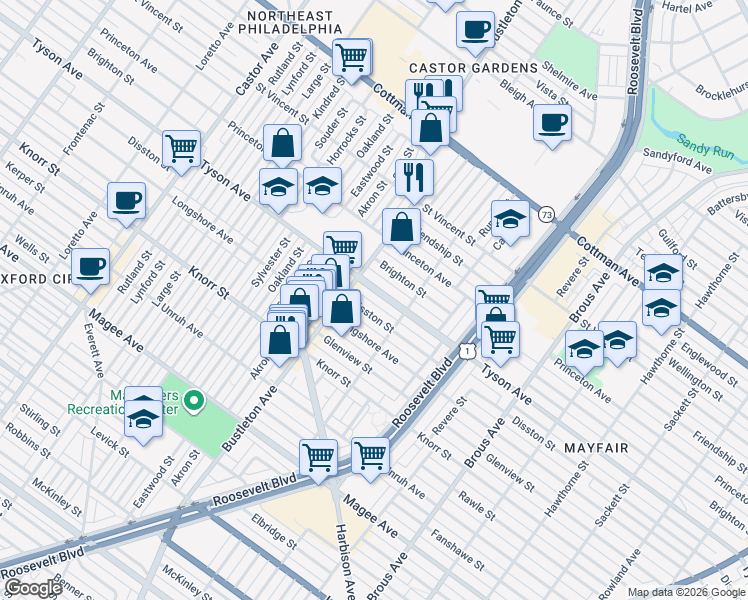 map of restaurants, bars, coffee shops, grocery stores, and more near 2104 Tyson Avenue in Philadelphia