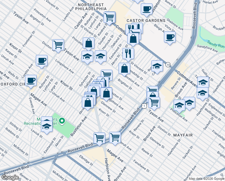 map of restaurants, bars, coffee shops, grocery stores, and more near 2104 Tyson Avenue in Philadelphia