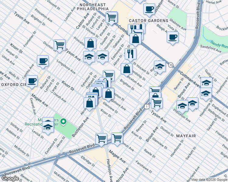 map of restaurants, bars, coffee shops, grocery stores, and more near 2106 Tyson Avenue in Philadelphia