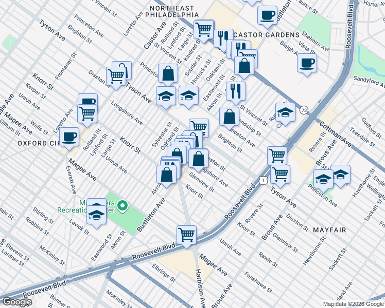map of restaurants, bars, coffee shops, grocery stores, and more near 2034 Disston Street in Philadelphia