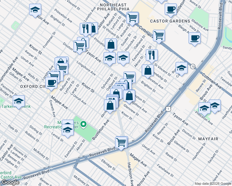 map of restaurants, bars, coffee shops, grocery stores, and more near 6848 Eastwood Street in Philadelphia