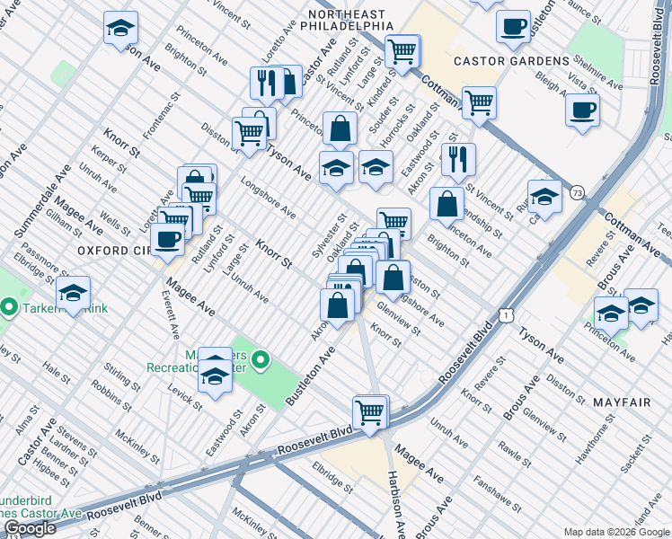 map of restaurants, bars, coffee shops, grocery stores, and more near 6848 Eastwood Street in Philadelphia