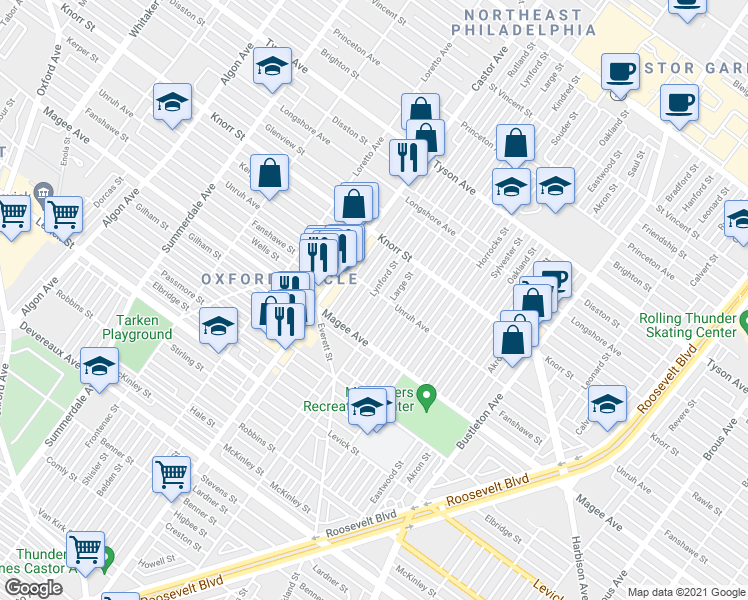 map of restaurants, bars, coffee shops, grocery stores, and more near 6707 Lynford Street in Philadelphia
