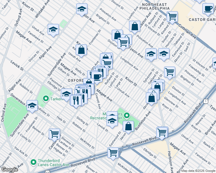 map of restaurants, bars, coffee shops, grocery stores, and more near 6650 Rutland Street in Philadelphia