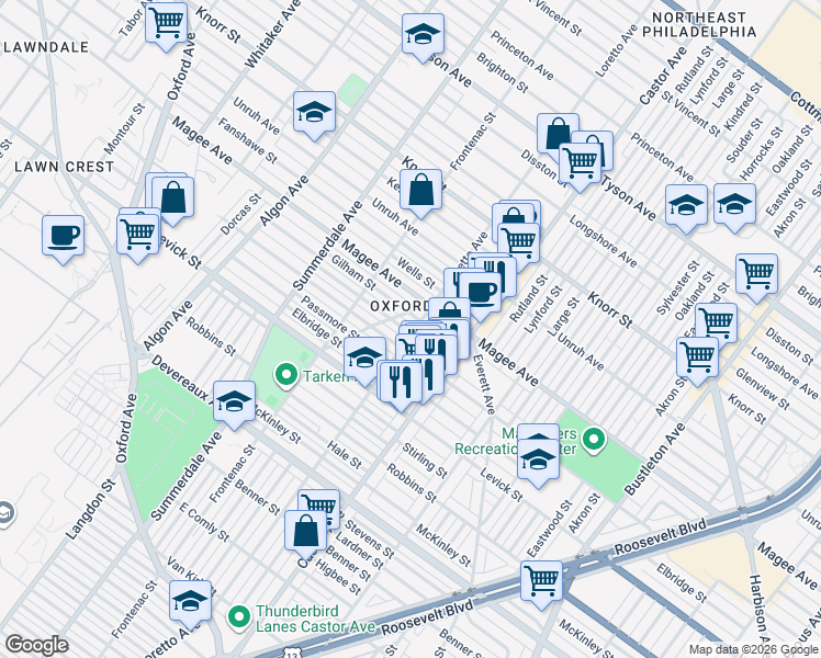 map of restaurants, bars, coffee shops, grocery stores, and more near 1337 Greeby Street in Philadelphia