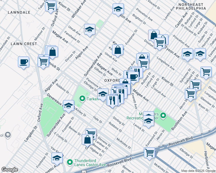map of restaurants, bars, coffee shops, grocery stores, and more near 1337 Greeby Street in Philadelphia