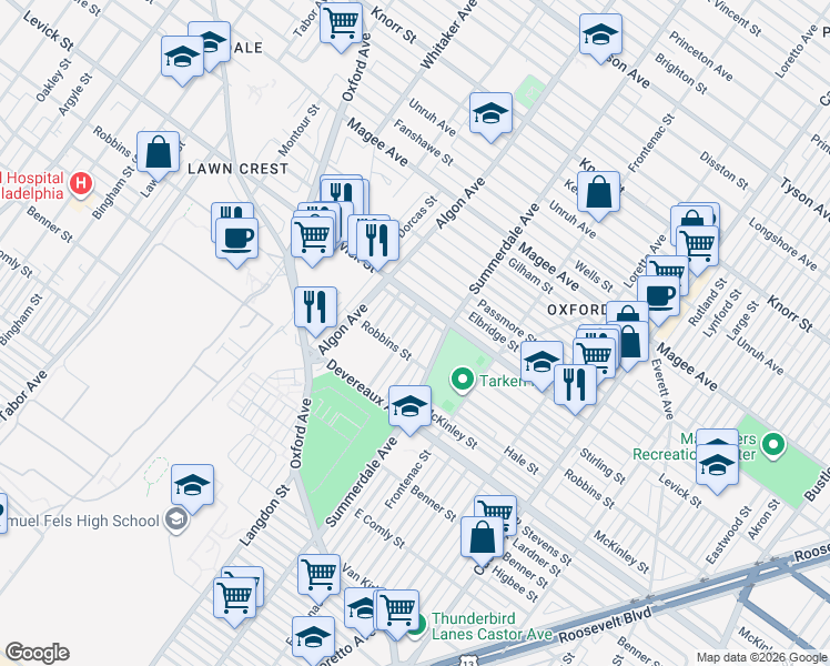 map of restaurants, bars, coffee shops, grocery stores, and more near 6337 Langdon Street in Philadelphia