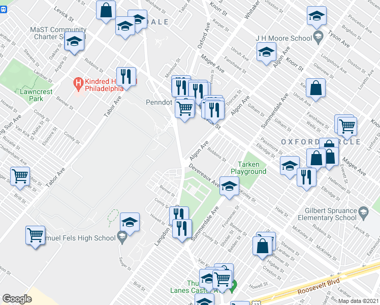 map of restaurants, bars, coffee shops, grocery stores, and more near 6238 Algon Avenue in Philadelphia