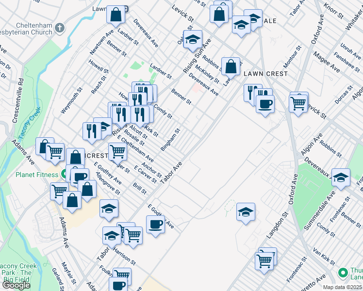 map of restaurants, bars, coffee shops, grocery stores, and more near 5910 Bennington Street in Philadelphia