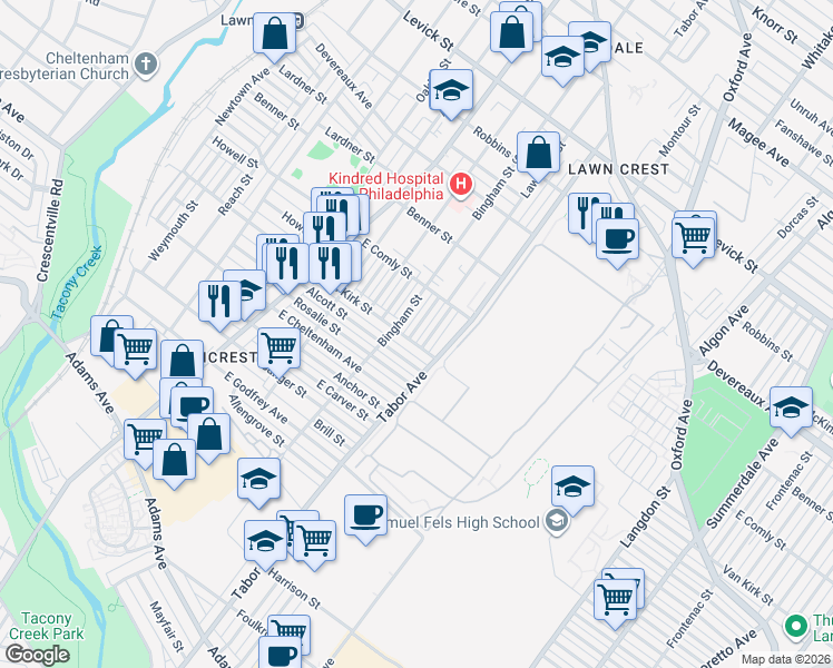 map of restaurants, bars, coffee shops, grocery stores, and more near 5917 Bingham Street in Philadelphia