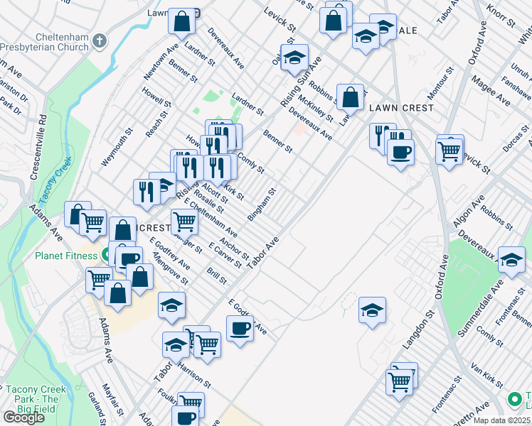 map of restaurants, bars, coffee shops, grocery stores, and more near 5917 Bingham Street in Philadelphia