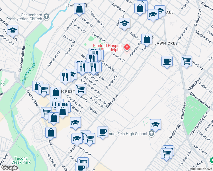map of restaurants, bars, coffee shops, grocery stores, and more near 580 1/2 Van Kirk Street in Philadelphia