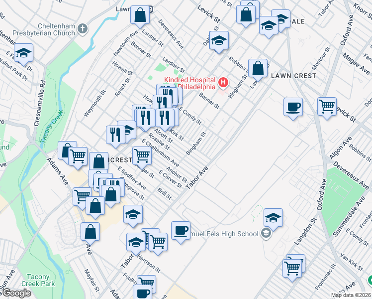 map of restaurants, bars, coffee shops, grocery stores, and more near 580 1/2 Van Kirk Street in Philadelphia