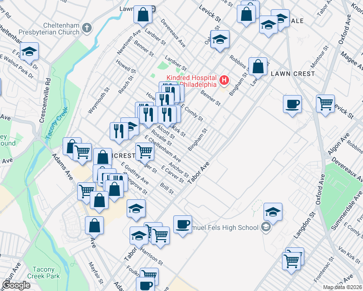 map of restaurants, bars, coffee shops, grocery stores, and more near 580 1/2 Van Kirk Street in Philadelphia