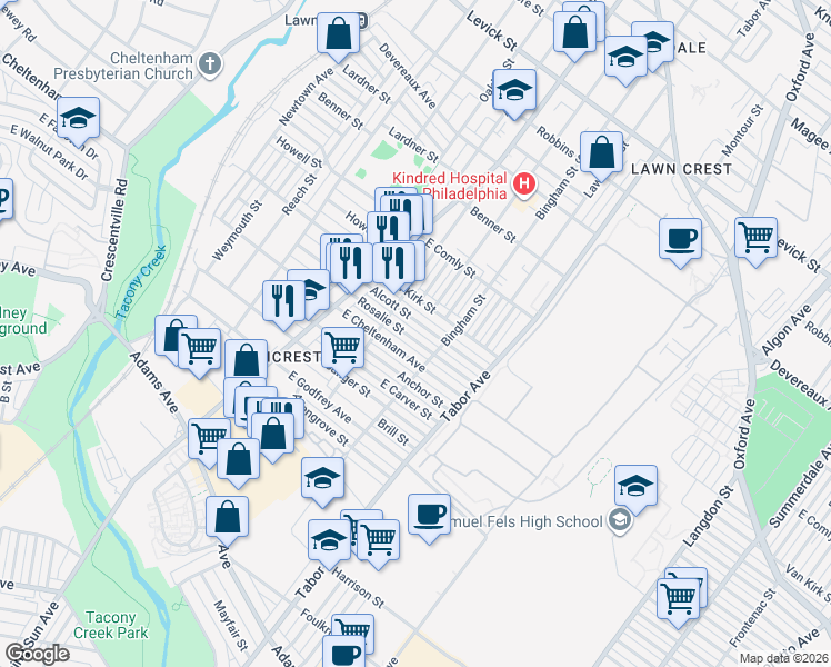 map of restaurants, bars, coffee shops, grocery stores, and more near 580 1/2 Van Kirk Street in Philadelphia