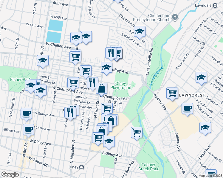 map of restaurants, bars, coffee shops, grocery stores, and more near 6045 North Water Street in Philadelphia