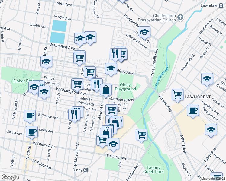 map of restaurants, bars, coffee shops, grocery stores, and more near 6045 North Water Street in Philadelphia