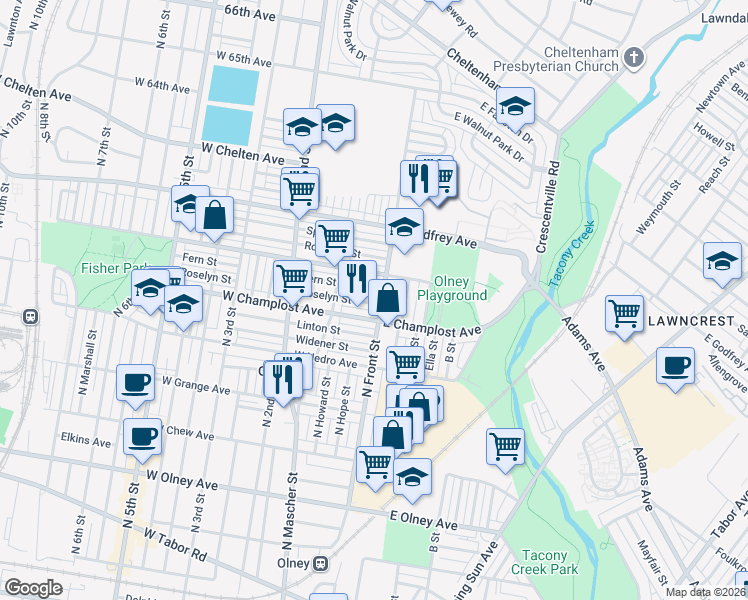 map of restaurants, bars, coffee shops, grocery stores, and more near 87 Fern Street in Philadelphia