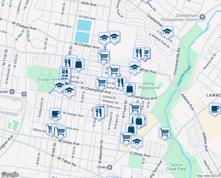 map of restaurants, bars, coffee shops, grocery stores, and more near 175 Roselyn Street in Philadelphia