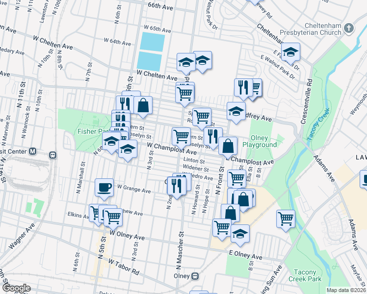 map of restaurants, bars, coffee shops, grocery stores, and more near 175 Roselyn Street in Philadelphia