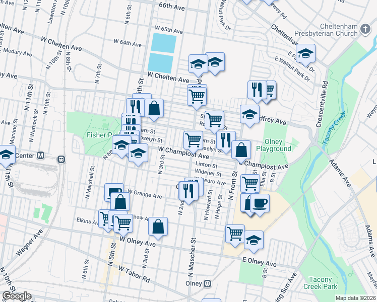 map of restaurants, bars, coffee shops, grocery stores, and more near 6021 North Philip Street in Philadelphia