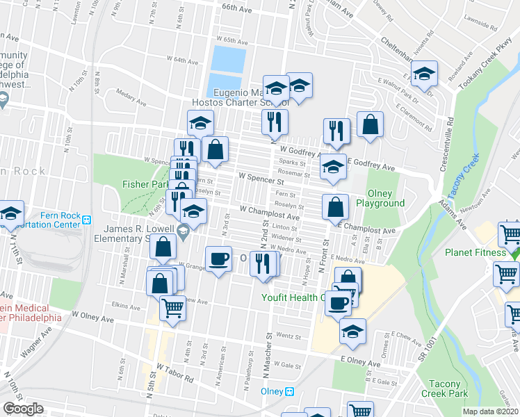 map of restaurants, bars, coffee shops, grocery stores, and more near 6021 North Philip Street in Philadelphia