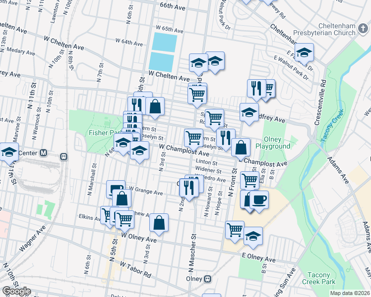 map of restaurants, bars, coffee shops, grocery stores, and more near 6021 North Philip Street in Philadelphia