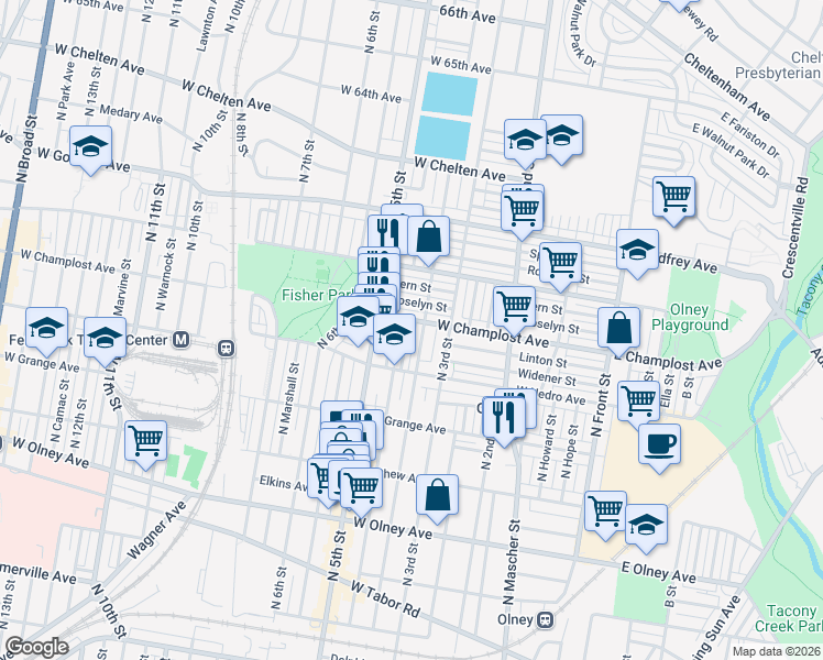 map of restaurants, bars, coffee shops, grocery stores, and more near 403 West Champlost Avenue in Philadelphia