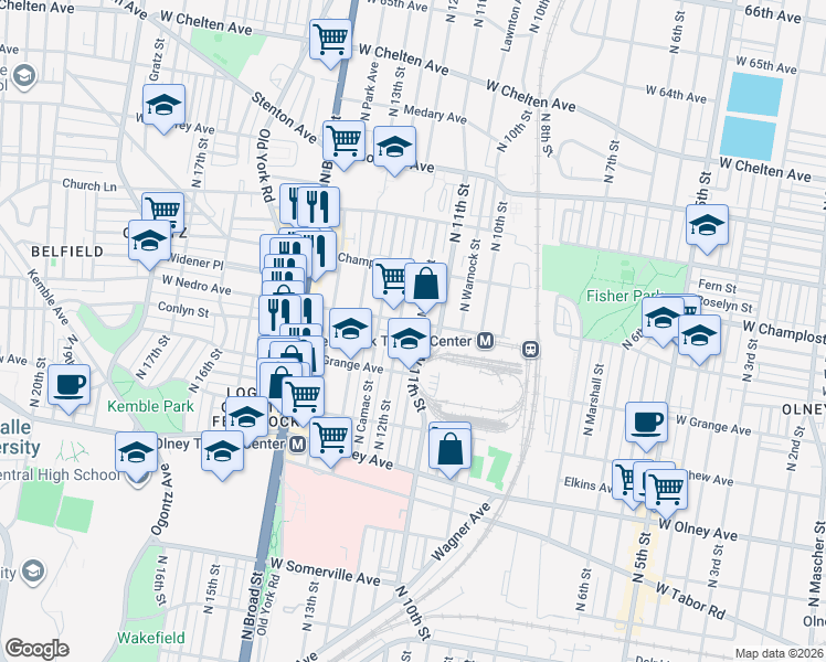 map of restaurants, bars, coffee shops, grocery stores, and more near 5900 North Marvine Street in Philadelphia
