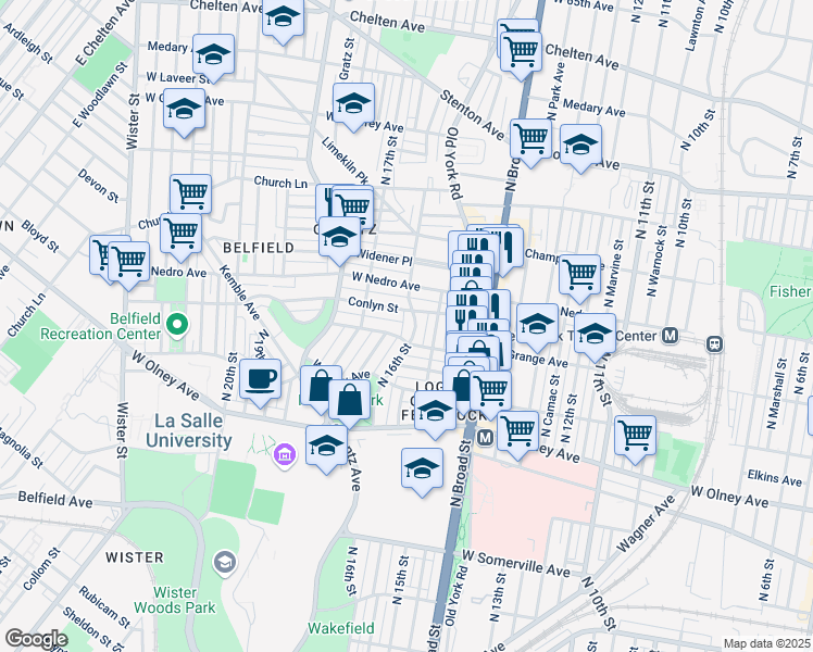 map of restaurants, bars, coffee shops, grocery stores, and more near 5830 North 16th Street in Philadelphia
