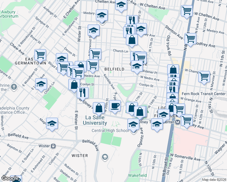 map of restaurants, bars, coffee shops, grocery stores, and more near 5785 Kemble Avenue in Philadelphia