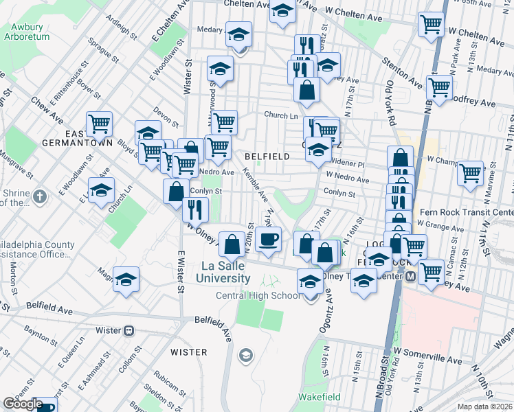 map of restaurants, bars, coffee shops, grocery stores, and more near 5785 Kemble Avenue in Philadelphia