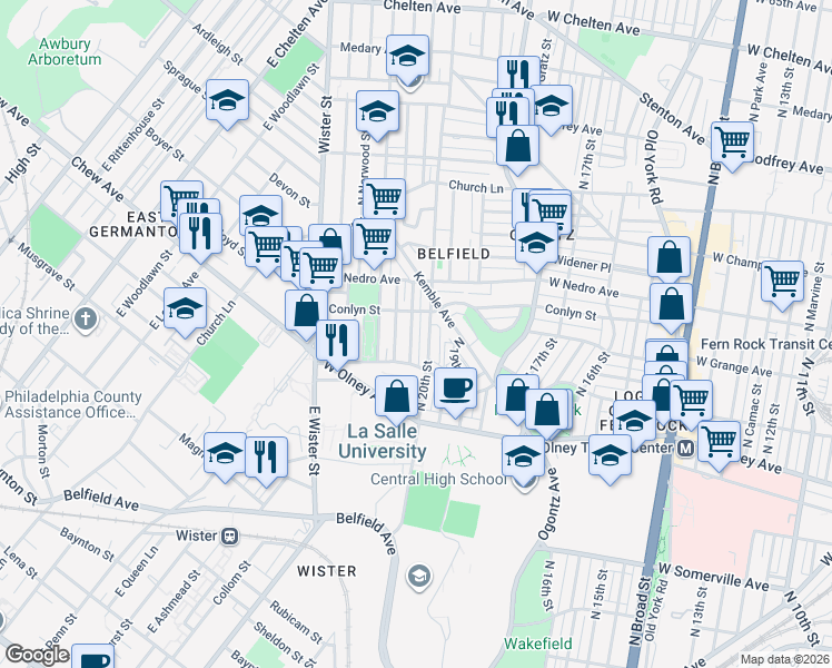 map of restaurants, bars, coffee shops, grocery stores, and more near 5755 North Woodstock Street in Philadelphia