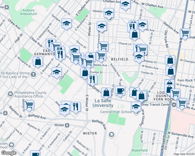 map of restaurants, bars, coffee shops, grocery stores, and more near 2048 Conlyn Street in Philadelphia